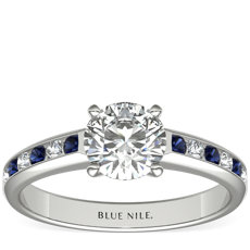 Bague de fiançailles diamant et saphir bleu serti barrette  en or blanc 18 carats(0,16 carat, poids total)